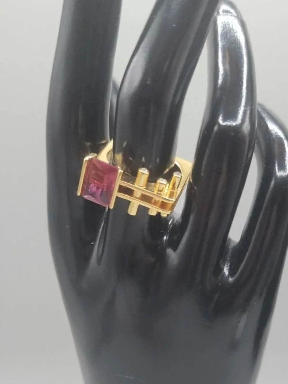 VTG Gold Vermeil Geometric Statement Ring Emerald Cut Pink Red Crystal 925 8.6